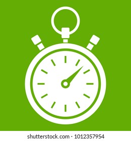 Stopwatch icon white isolated on green background. Vector illustration