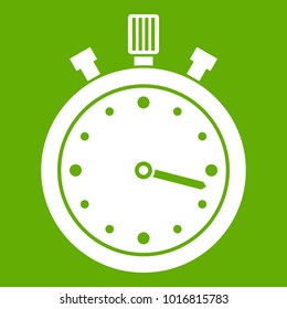 Stopwatch icon white isolated on green background. Vector illustration