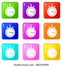 Stopwatch icons of 9 color set isolated vector illustration
