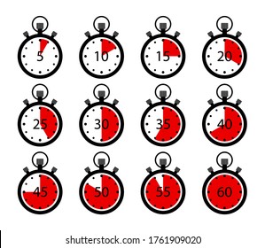 Stopwatch icons. Clock timer with stop. Set of chronometer. Countdown in sport. Symbol of start, end. Time in watch:5, 10,15,20,30,45,60 second. Competition in speed. Interval meter with arrow. Vector