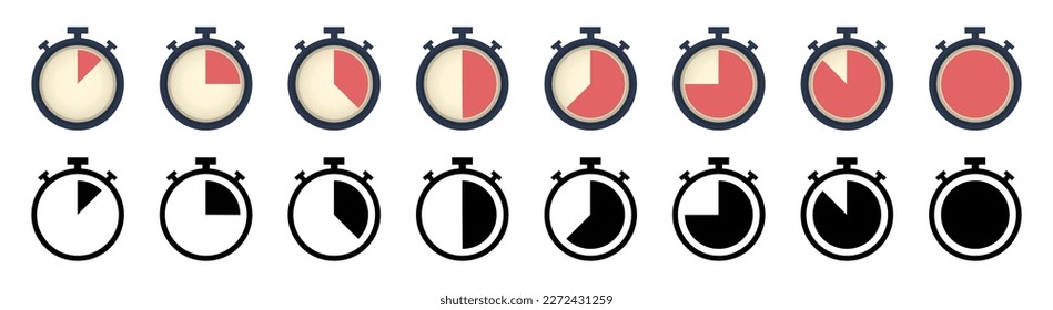 Stopwatch icons collection. Set of stopwatch icons in different style