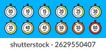 Stopwatch icons. Colorful simple chronometer, time counter with dial. Countdown timer showing hours and minutes. Deadline, measurement for sport. Cooking time label, sticker. Vector illustration