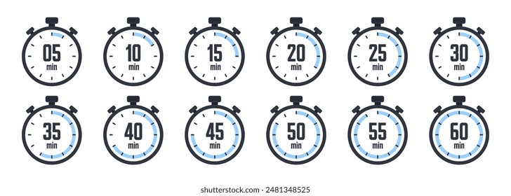 Iconos de cronómetro. Cronómetro simple colorido, contador de tiempo con dial. Temporizador de cuenta regresiva mostrando horas y minutos. Fecha límite, medición para el deporte. Etiqueta del tiempo de cocción, etiqueta engomada. Ilustración vectorial