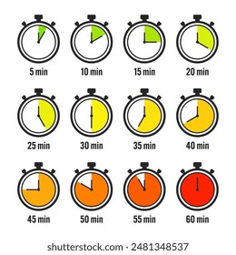 Stopwatch icons. Colorful simple chronometer, time counter with dial. Countdown timer showing hours and minutes. Deadline, measurement for sport. Cooking time label, sticker. Vector illustration