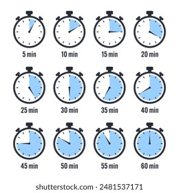 Stopwatch icons. Colorful simple chronometer, time counter with dial. Countdown timer showing hours and minutes. Deadline, measurement for sport. Cooking time label, sticker. Vector illustration