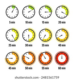 Stopwatch icons. Colorful simple chronometer, time counter with dial. Countdown timer showing hours and minutes. Deadline, measurement for sport. Cooking time label, sticker. Vector illustration