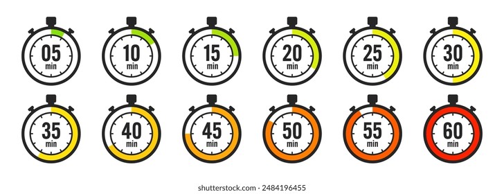 Iconos de cronómetro. Cronómetro simple colorido, contador de tiempo con dial. Temporizador de cuenta regresiva mostrando horas y minutos. Fecha límite, medición para el deporte. Etiqueta del tiempo de cocción, etiqueta engomada. Ilustración vectorial
