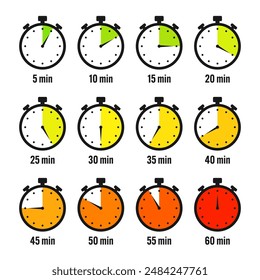 Stopwatch icons. Colorful simple chronometer, time counter with dial. Countdown timer showing hours and minutes. Deadline, measurement for sport. Cooking time label, sticker. Vector illustration