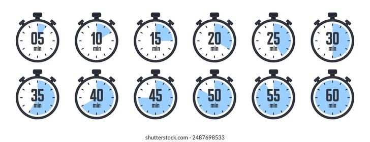 Stopwatch icons. Colorful simple chronometer, time counter with dial. Countdown timer showing hours and minutes. Deadline, measurement for sport. Cooking time label, sticker. Vector illustration