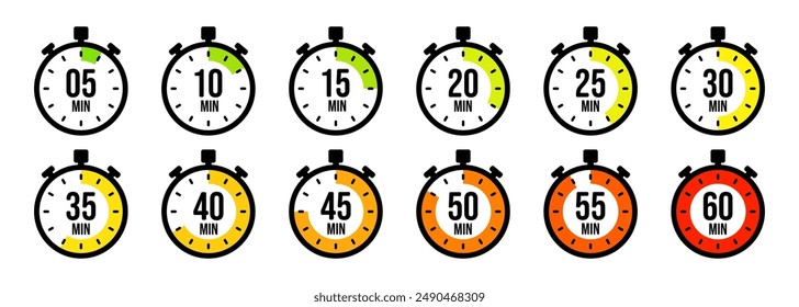 Iconos de cronómetro. Cronómetro simple colorido, contador de tiempo con dial. Temporizador de cuenta regresiva mostrando horas y minutos. Fecha límite, medición para el deporte. Etiqueta del tiempo de cocción, etiqueta engomada. Ilustración vectorial