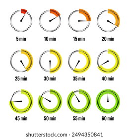 Iconos de cronómetro. Cronómetro simple colorido, contador de tiempo con dial. Temporizador de cuenta regresiva mostrando horas y minutos. Fecha límite, medición para el deporte. Etiqueta del tiempo de cocción, etiqueta engomada. Ilustración vectorial.