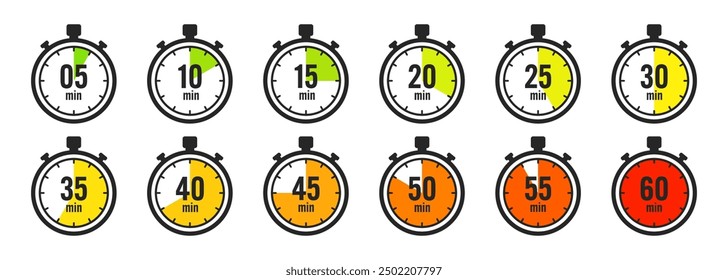 Iconos de cronómetro. Cronómetro simple colorido, contador de tiempo con dial. Temporizador de cuenta regresiva que muestra las horas y los minutos. Plazo, medición para el deporte. Etiqueta de tiempo de cocción, pegatina. Ilustración vectorial