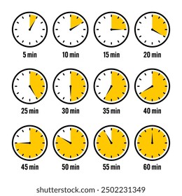 Stopwatch icons. Colorful simple chronometer, time counter with dial. Countdown timer showing hours and minutes. Deadline, measurement for sport. Cooking time label, sticker. Vector illustration