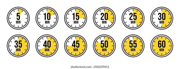 Stopwatch icons. Colorful simple chronometer, time counter with dial. Countdown timer showing hours and minutes. Deadline, measurement for sport. Cooking time label, sticker. Vector illustration