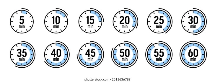 Stopwatch icons. Colorful simple chronometer, time counter with dial. Countdown timer showing hours and minutes. Deadline, measurement for sport. Cooking time label, sticker. Vector illustration