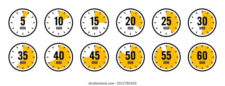 Stopwatch icons. Colorful simple chronometer, time counter with dial. Countdown timer showing hours and minutes. Deadline, measurement for sport. Cooking time label, sticker. Vector illustration