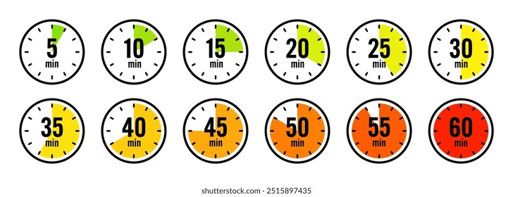 Stopwatch icons. Colorful simple chronometer, time counter with dial. Countdown timer showing hours and minutes. Deadline, measurement for sport. Cooking time label, sticker. Vector illustration