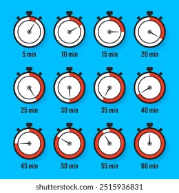 Stopwatch icons. Colorful simple chronometer, time counter with dial. Countdown timer showing hours and minutes. Deadline, measurement for sport. Cooking time label, sticker. Vector illustration