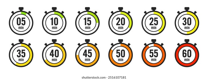 Stopwatch icons. Colorful simple chronometer, time counter with dial. Countdown timer showing hours and minutes. Deadline, measurement for sport. Cooking time label, sticker. Vector illustration