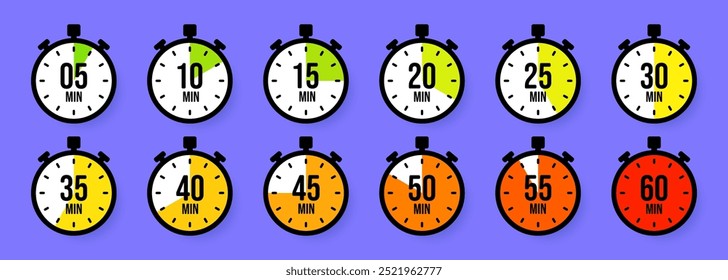 Ícones de Cronômetro. Cronômetro simples colorido, contador de tempo com mostrador. Temporizador de contagem regressiva mostrando horas e minutos. Prazo, medição para o esporte. Rótulo de tempo de cozimento, adesivo. Ilustração vetorial.