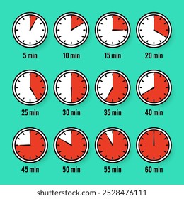 Stopwatch icons. Colorful simple chronometer, time counter with dial. Countdown timer showing hours and minutes. Deadline, measurement for sport. Cooking time label, sticker. Vector illustration