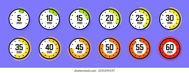 Ícones de Cronômetro. Cronômetro simples colorido, contador de tempo com mostrador. Temporizador de contagem regressiva mostrando horas e minutos. Prazo, medição para o esporte. Rótulo de tempo de cozimento, adesivo. Ilustração vetorial