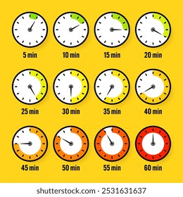 Stopwatch icons. Colorful simple chronometer, time counter with dial. Countdown timer showing hours and minutes. Deadline, measurement for sport. Cooking time label, sticker. Vector illustration
