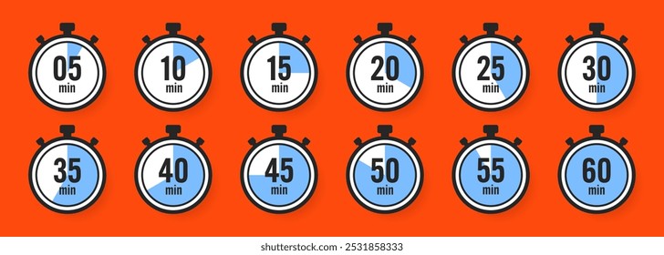 Stopwatch icons. Colorful simple chronometer, time counter with dial. Countdown timer showing hours and minutes. Deadline, measurement for sport. Cooking time label, sticker. Vector illustration