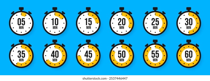 Stopwatch icons. Colorful simple chronometer, time counter with dial. Countdown timer showing hours and minutes. Deadline, measurement for sport. Cooking time label, sticker. Vector illustration.