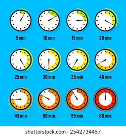 Iconos de cronómetro. Cronómetro simple colorido, contador de tiempo con dial. Temporizador de cuenta regresiva que muestra las horas y los minutos. Plazo, medición para el deporte. Etiqueta de tiempo de cocción, pegatina. Ilustración vectorial