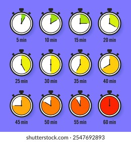 Iconos de cronómetro. Cronómetro simple colorido, contador de tiempo con dial. Temporizador de cuenta regresiva que muestra las horas y los minutos. Plazo, medición para el deporte. Etiqueta de tiempo de cocción, pegatina. Ilustración vectorial