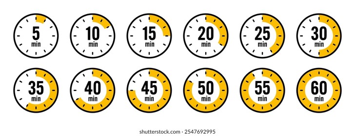 Iconos de cronómetro. Cronómetro simple colorido, contador de tiempo con dial. Temporizador de cuenta regresiva que muestra las horas y los minutos. Plazo, medición para el deporte. Etiqueta de tiempo de cocción, pegatina. Ilustración vectorial