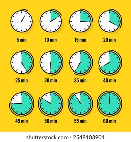 Ícones de Cronômetro. Cronômetro simples colorido, contador de tempo com mostrador. Temporizador de contagem regressiva mostrando horas e minutos. Prazo, medição para o esporte. Rótulo de tempo de cozimento, adesivo. Ilustração vetorial