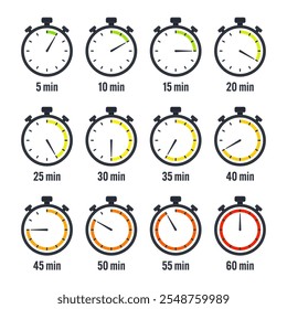 Stopwatch icons. Colorful simple chronometer, time counter with dial. Countdown timer showing hours and minutes. Deadline, measurement for sport. Cooking time label, sticker. Vector illustration