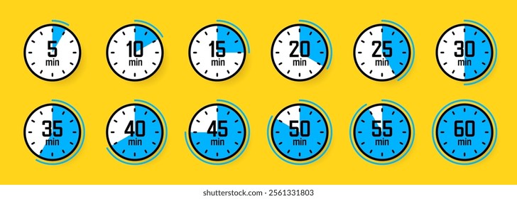 Stopwatch icons. Colorful simple chronometer, time counter with dial. Countdown timer showing hours and minutes. Deadline, measurement for sport. Cooking time label, sticker. Vector illustration