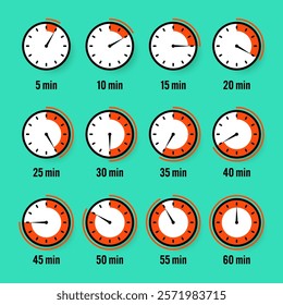 Stopwatch icons. Colorful simple chronometer, time counter with dial. Countdown timer showing hours and minutes. Deadline, measurement for sport. Cooking time label, sticker. Vector illustration