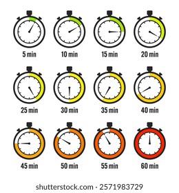 Stopwatch icons. Colorful simple chronometer, time counter with dial. Countdown timer showing hours and minutes. Deadline, measurement for sport. Cooking time label, sticker. Vector illustration