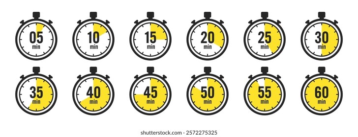 Stopwatch icons. Colorful simple chronometer, time counter with dial. Countdown timer showing hours and minutes. Deadline, measurement for sport. Cooking time label, sticker. Vector illustration