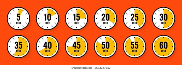 Stopwatch icons. Colorful simple chronometer, time counter with dial. Countdown timer showing hours and minutes. Deadline, measurement for sport. Cooking time label, sticker. Vector illustration