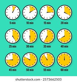 Stopwatch icons. Colorful simple chronometer, time counter with dial. Countdown timer showing hours and minutes. Deadline, measurement for sport. Cooking time label, sticker. Vector illustration