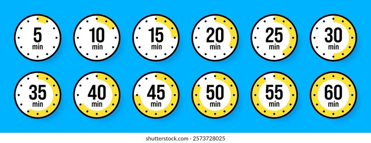 Stopwatch icons. Colorful simple chronometer, time counter with dial. Countdown timer showing hours and minutes. Deadline, measurement for sport. Cooking time label, sticker. Vector illustration