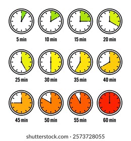 Stopwatch icons. Colorful simple chronometer, time counter with dial. Countdown timer showing hours and minutes. Deadline, measurement for sport. Cooking time label, sticker. Vector illustration