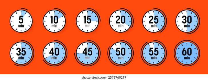 Stopwatch icons. Colorful simple chronometer, time counter with dial. Countdown timer showing hours and minutes. Deadline, measurement for sport. Cooking time label, sticker. Vector illustration