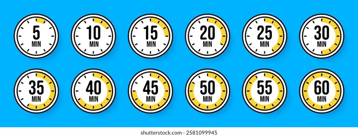 Stopwatch icons. Colorful simple chronometer, time counter with dial. Countdown timer showing hours and minutes. Deadline, measurement for sport. Cooking time label, sticker. Vector illustration