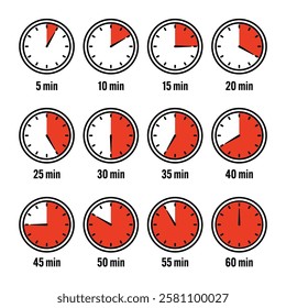 Stopwatch icons. Colorful simple chronometer, time counter with dial. Countdown timer showing hours and minutes. Deadline, measurement for sport. Cooking time label, sticker. Vector illustration