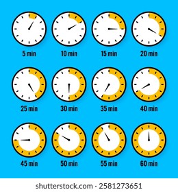 Stopwatch icons. Colorful simple chronometer, time counter with dial. Countdown timer showing hours and minutes. Deadline, measurement for sport. Cooking time label, sticker. Vector illustration