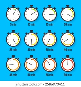 Stopwatch icons. Colorful simple chronometer, time counter with dial. Countdown timer showing hours and minutes. Deadline, measurement for sport. Cooking time label, sticker. Vector illustration