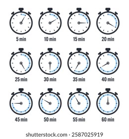 Stopwatch icons. Colorful simple chronometer, time counter with dial. Countdown timer showing hours and minutes. Deadline, measurement for sport. Cooking time label, sticker. Vector illustration