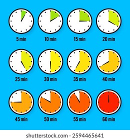 Stopwatch icons. Colorful simple chronometer, time counter with dial. Countdown timer showing hours and minutes. Deadline, measurement for sport. Cooking time label, sticker. Vector illustration