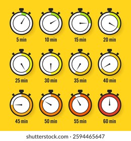 Stopwatch icons. Colorful simple chronometer, time counter with dial. Countdown timer showing hours and minutes. Deadline, measurement for sport. Cooking time label, sticker. Vector illustration